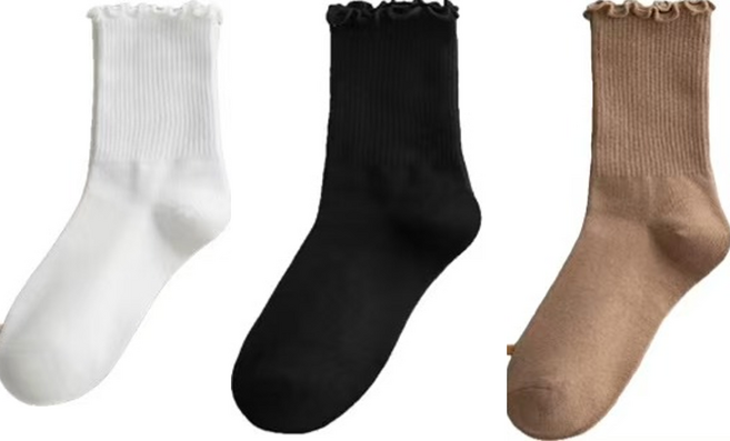 여성 중목 프릴 레이스 면 무지 양말 6켤레 세트
