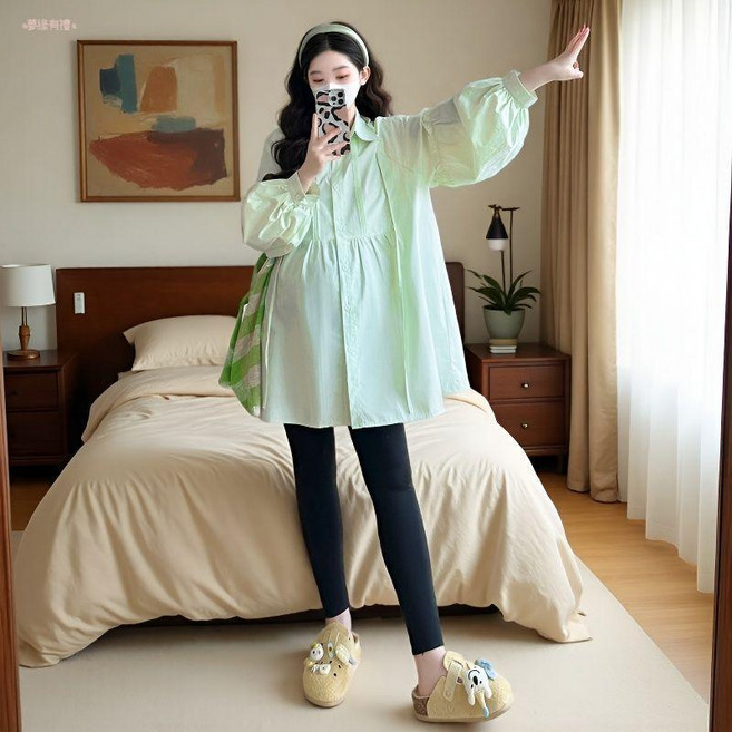 孕婦裝 秋季新款 長袖 翻領襯衫裙 中長款 寬鬆 上衣