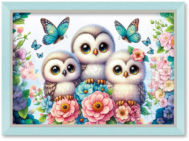 화사한 봄날의 부엉이 가족 직소 퍼즐+액자 세트 1000피스, 1개, 모던블루