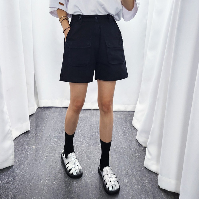 더탑 여성용 빅사이즈 여름 4부 허리조절 면 카고 포켓 반바지