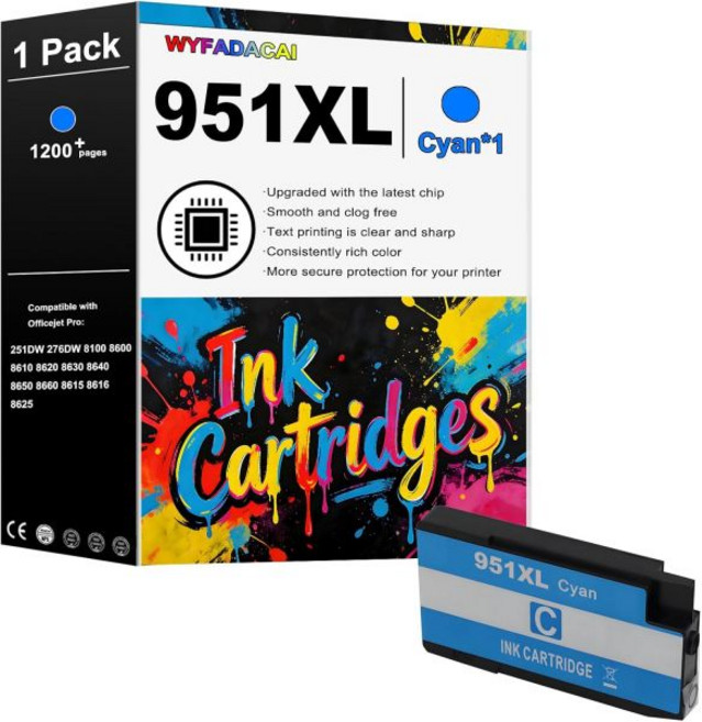 950XL 951XL 잉크 카트리지 HP 고용량 교체용 오피스젯 프로 251DW 276DW 8100 8600 8610 8620 8630 8640 8650 8660 8615 86, Cyan*1, normal