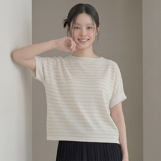 라뷰드 루즈핏 나그랑 스트라이프 반팔 니트 여성 오버핏 단가라 티셔츠 여자 여름 보트넥 줄무늬 반팔티 밴딩 소매 상의