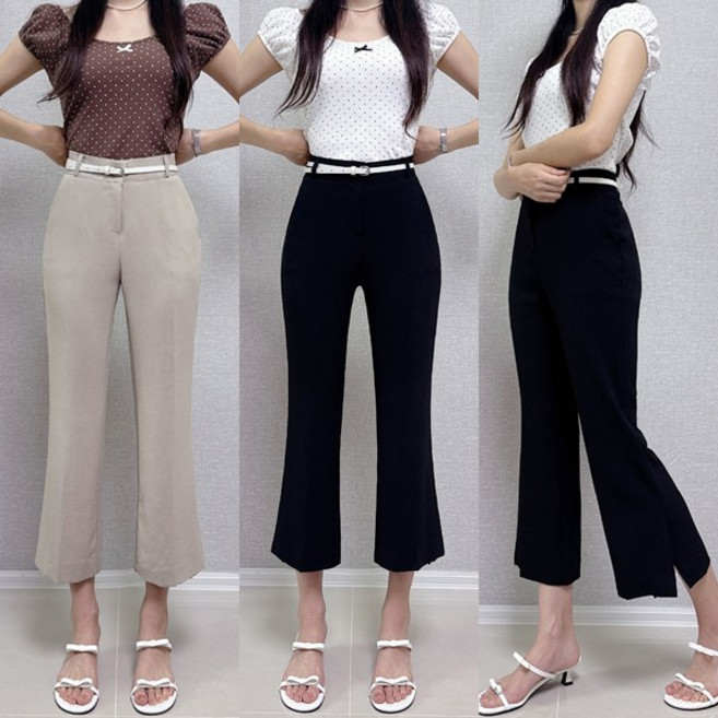 [제이엠스타일] 국산!! S~3XL 여성 여름 8부 스판 부츠컷 슬랙스 옆트임 뒷밴딩 썸머 쿨 시원한 슬렉스 팬츠 여자 빅사이즈 나팔바지 검정 베이지 키작녀 키큰녀