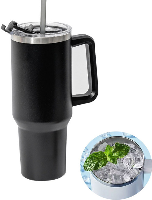 대용량텀블러 빨대손잡이 304스텐 진공머그컵 커피캠핑용품, 1개, 검은색, 1200ml