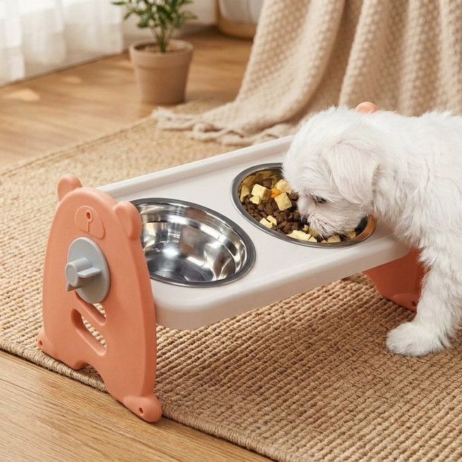 상덕 강아지 식기 높이조절 2구 스테인리스 반려동물 밥그릇 식기대, 1개, 베이비 핑크