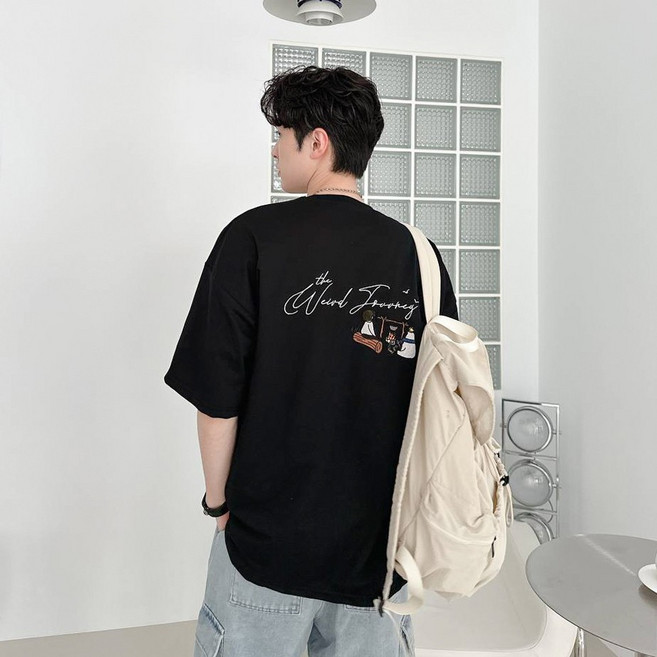 BT3 韓國新款 刺繡野營生火五分袖T恤 露營風短T 素T 寬鬆 情侶裝 MT132, 黑,L