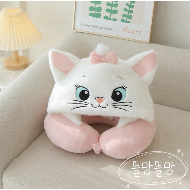 고양이캐릭터 후드형 U자 목베개 기내용 차량용 여행용 목쿠션 모자+U자형 베개, 똘망똘망