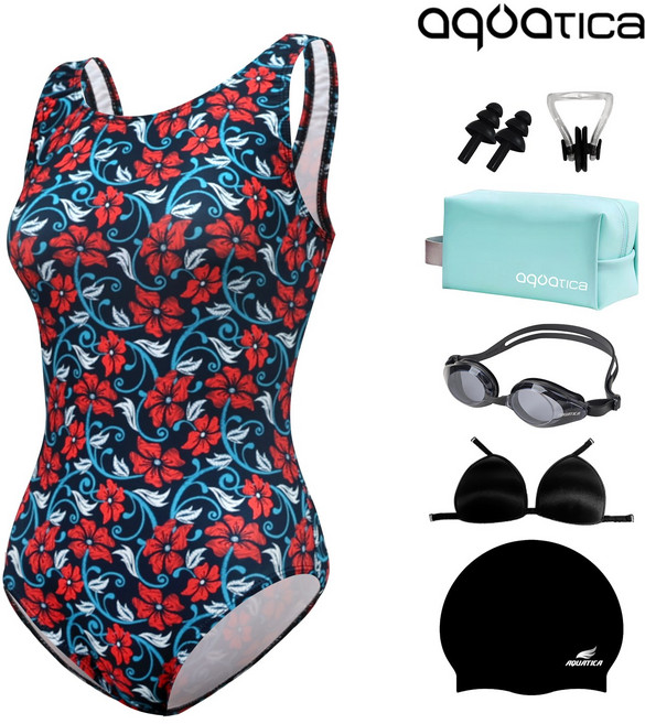 아쿠아티카 여성 미들컷 실내 수영복 AQA1663 일반용수경 파우치 코클립 7종세트