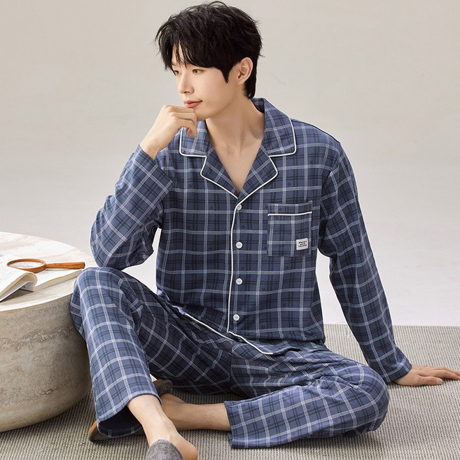 Wiseha 데일리 남자 잠옷 빅사이즈 스판 체크 파자마 긴팔 홈웨어 세트