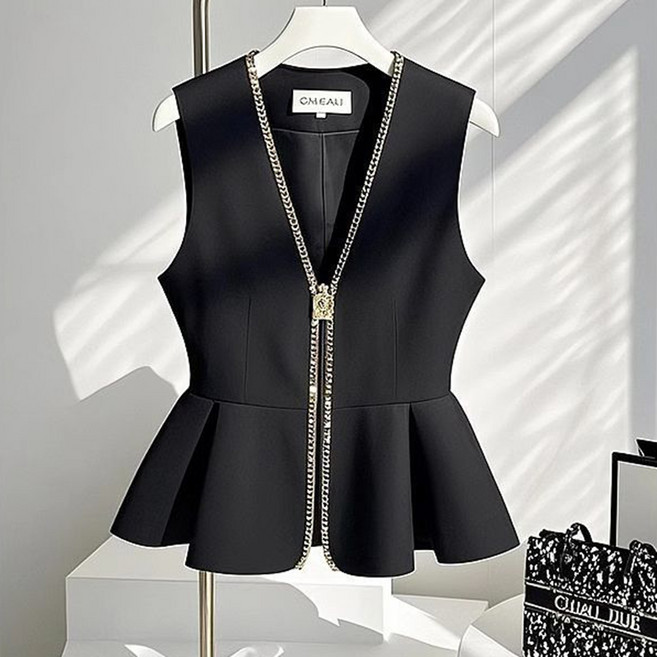 FANSYLI 여성 정장 조끼 결혼식 하객룩 빅사이즈 심플 루즈핏 라운드 조끼 패션 프릴 민소매 정장 자켓 오피스룩 간절기 XR2601J16