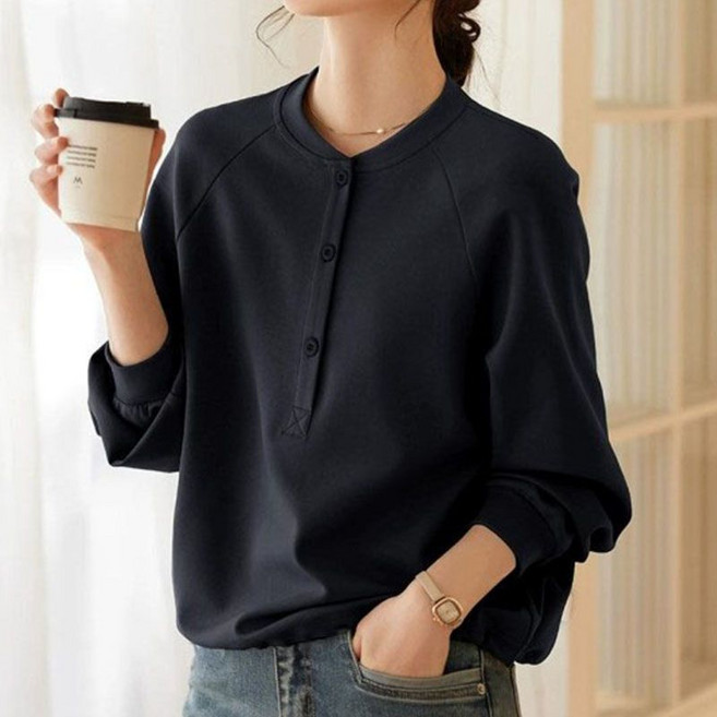 Makone 여성 반오픈 버튼 맨투맨 심플 루즈핏 빅사이즈 단색 무지 베이직 캐주얼 풀오버 긴팔 긴팔티