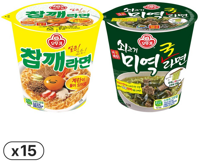 오뚜기 참깨라면 컵 65g 15개+쇠고기미역국라면 컵 60g 15개(총 30개)
