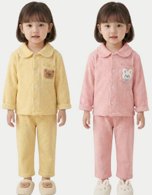 지디오 키즈 파자마 2개 세트 체크 귀여운 동물 자수 실내복 아동 남아 여아 겨울 상하의 홈웨어