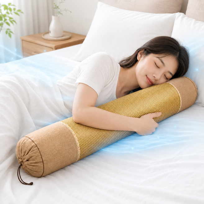 Mosashoe 냉감 바디필로우 등나무 침대 등받이 쿠션 안고자는 죽부인 긴베개, 베이지