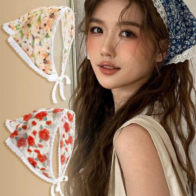 레이스 동백꽃 나비 삼각 두건 머리띠 패션 스카프 뜨개 니트커치프 아이돌 공연 히피룩 헤어스카프