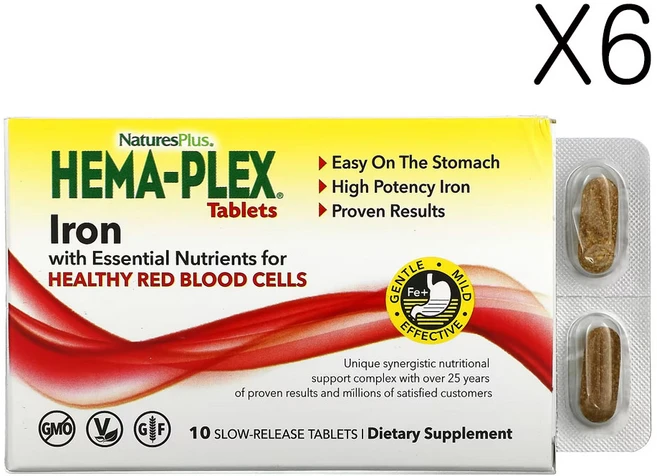 네이쳐스플러스 헤마-플렉스 건강한 적혈구를 위한 필수 영양소가 함유된 철분 10 지연 방출 정제, 6개, 10정 - 쿠팡