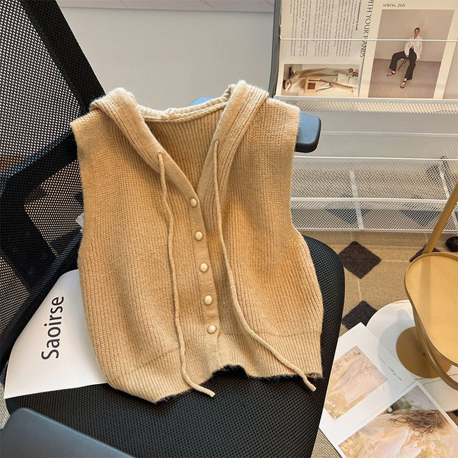봄 가을 여성 후드 조끼 빅사이즈 민소매 쇼트 니트 조끼 데일리 여자 니트 후드 베스트 CJJ
