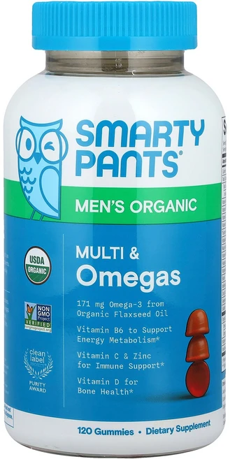 SmartyPants 남성용 유기농 멀티 & 오메가 구미젤리 라즈베리 레몬 라임 포도 구미젤리 120개 SmartyPants (스마티팬츠), 1개, 120정 - 쿠팡