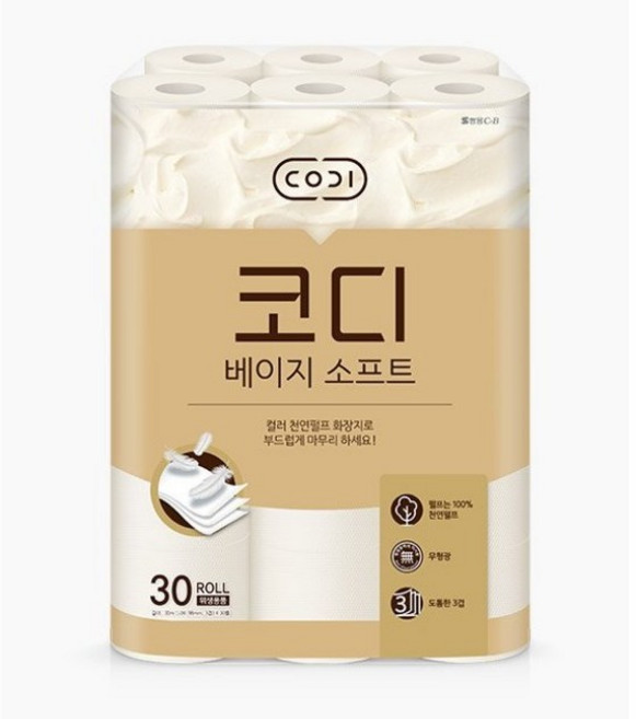 코디 3겹 천연펄프 베이지 소프트 화장지 30m x30롤, 2개