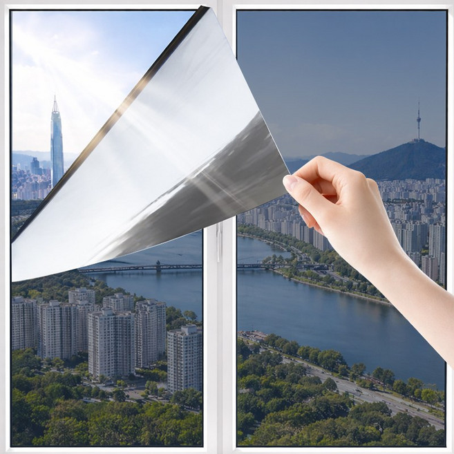 ROYAI ONE 무점착 암막 단열필름 창문 시트지 창문 사생활 보호필름 유리창 썬팅지, 다크블루 실버