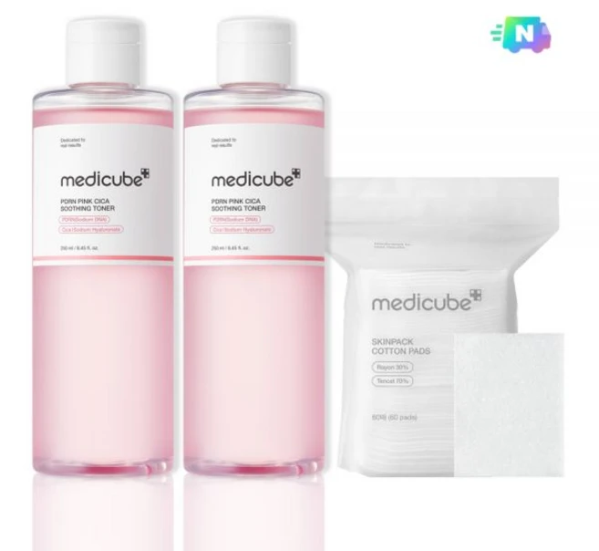 메디큐브 PDRN 핑크 시카 수딩 토너 250ml X 2개 204726, PDRN토너2개 (+스킨팩화장솜) - 쿠팡