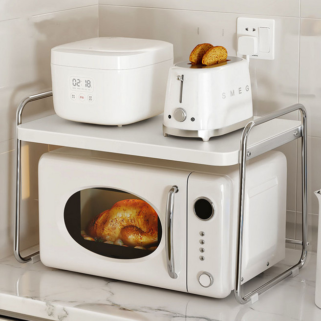 Life Rhythm 주방 전자레인지 선반 조립식 무타공 밥솥 수납 선반 렌지대, 화이트, 2단