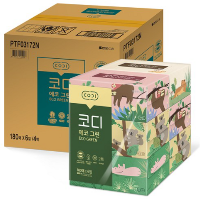 코디 에코그린 펄프 미용티슈 180매, 6개입, 4개
