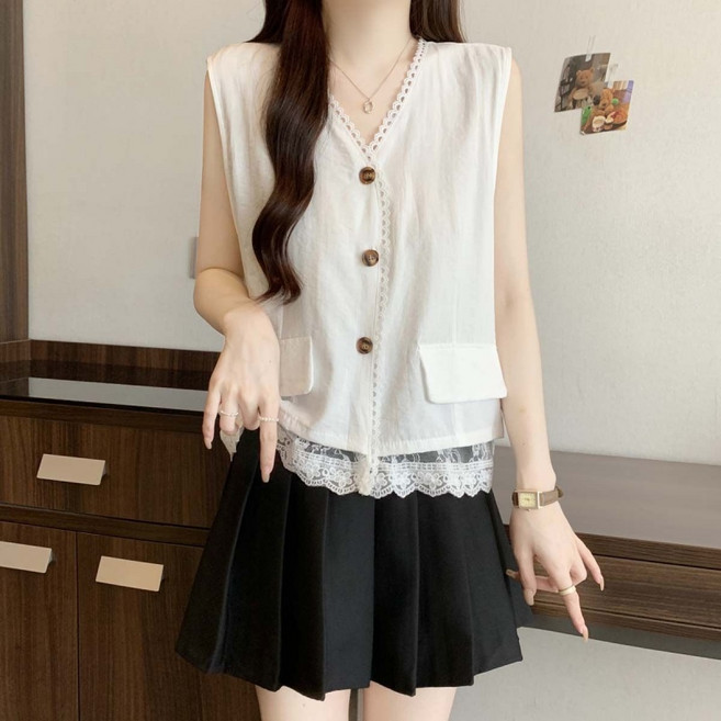 Makone 여성 브이넥 레이스 트리밍 솔리드 슬리브리스 밑단레이스 트랜드 루즈핏 캐주얼 민소매 가디건 조끼 레이어드핏