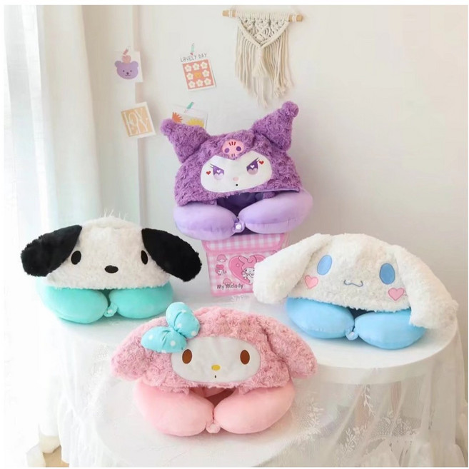 산리오베게 뽀글이 후드 U 목베개 캐릭터 낮잠 보호대 차량 다용도 시나모롤베개 마이멜로디목베게 산리오후드 산리오차량목베게, 마이멜로디