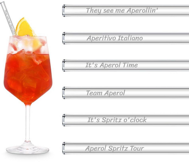 Halm Glass Straws Aperol Spritz 선물 세트 | 6피스 스트레이트 20.3cm(8인치) | 유머러스한 인용구 칵테일 액세서리 6개 | 재사용 가능한 음료, Halm Glass Straws Aperol Sprit