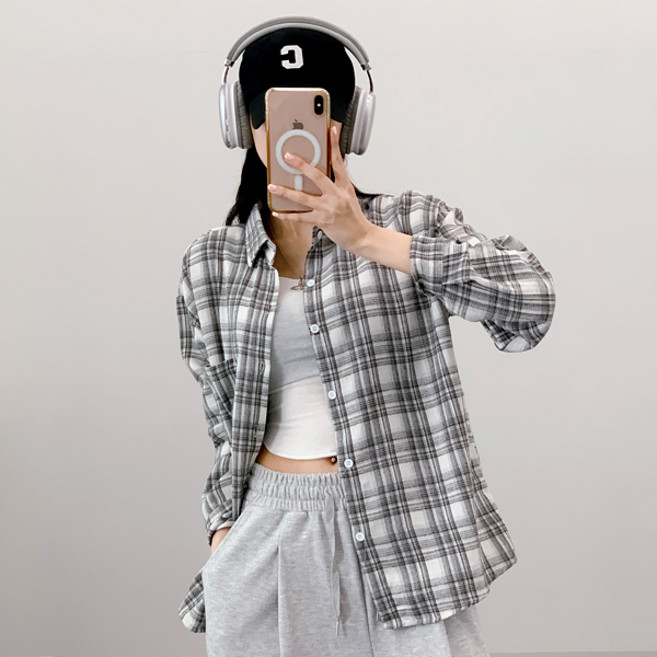 어브라운 여성 간절기 체크 남방 셔츠