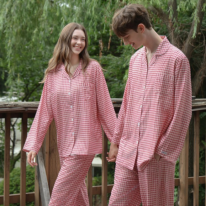 주디앤 러스틱레드 체크 요루 커플잠옷 여성 남성 긴팔 파자마 세트 홈웨어