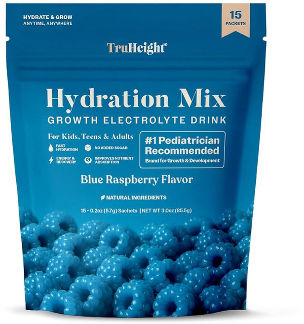 TruHeight 하이드레이션 패킷 (블루 라즈베리) 어린이 청소년 및 성인 빠른 수분 공급 에너지 회복 - 운동 선수를 위한 탈수 전해질 파우더 무설탕 제로 칼로리 G, 1개