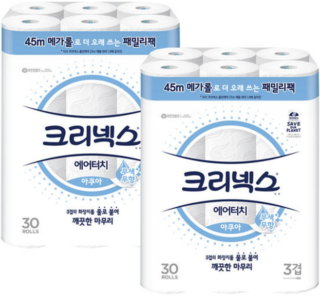 크리넥스 에어터치 아쿠아 메가롤 45m 3겹 30롤 2팩 데코 화장지, 30개입