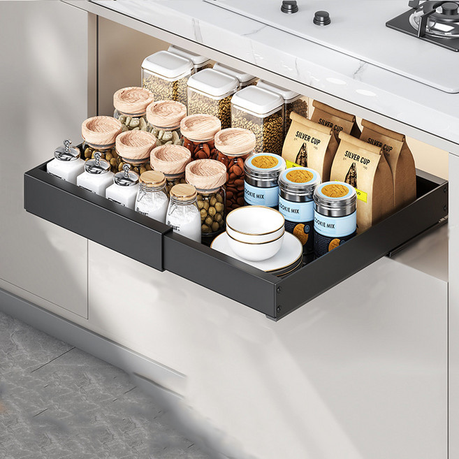 무설치 슬라이딩 수납 선반 조절형 주방 서랍 정리대 2단 다용도 수납함, 블랙, 1개