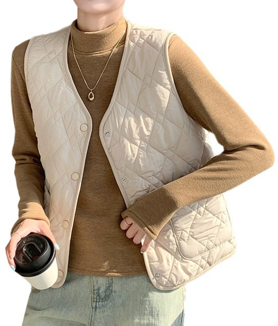 핑크셀럽 여성용 브이넥 경량 패딩 보온 발열 조끼 버튼 자켓