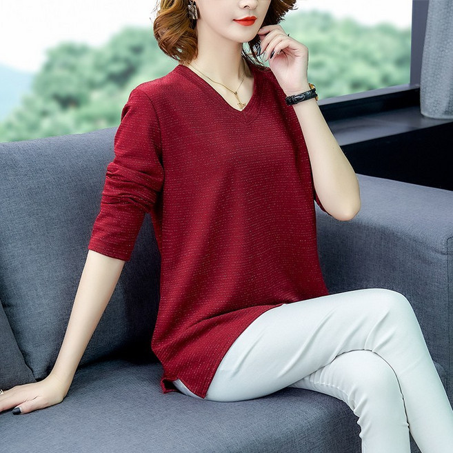 여성 가을 엄마옷 V넥 루즈핏 트임 빅사이즈 긴팔 티셔츠 1399