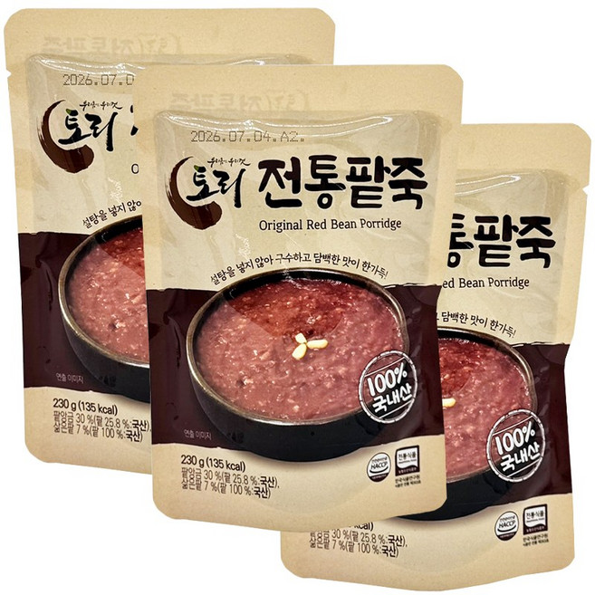 토리식품 구수한 토종팥 전통 팥죽 100% 국산팥 옛날 동지팥죽 간편죽, 230g, 3개
