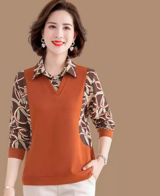 COSYEVNO 중년 엄마 블라우스 가을 빅사이즈 루즈핏 패션 프린트 배색 가짜 투피스 긴팔 상의 40~50대 엄마옷 lyjcs-14