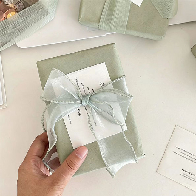 시그니처 그린 선물포장 종이 감성 포장지 습자지 10매 리본끈포함, 1개, 세이지그린