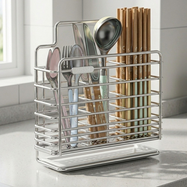 베리블루 304 스텐 물빠짐 수저통 3구, 1개, 실버