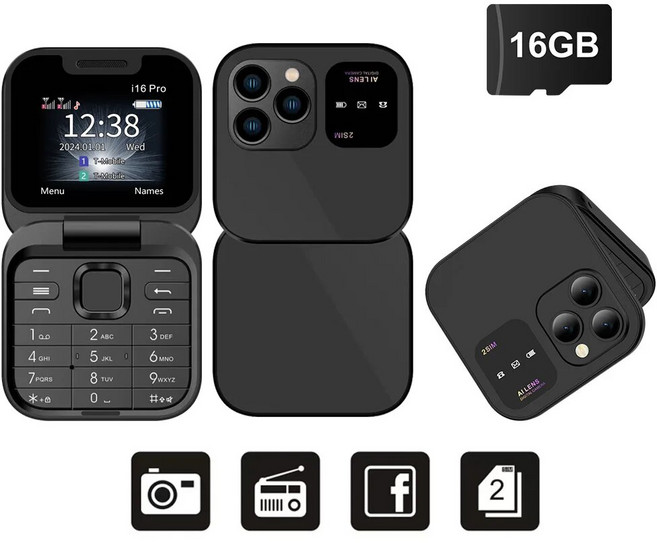 SERVO I16 프로 미니 폴드 휴대폰 2G GSM 듀얼 SIM 카드 속도 다이얼 비디오 플레이어 매직 보이스 3.5mm, 16GB, 02 black N16 GB TF card