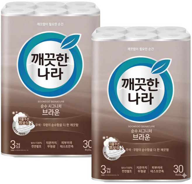 깨끗한나라 순수 시그니처 브라운 화장지, 30m, 30롤, 2개