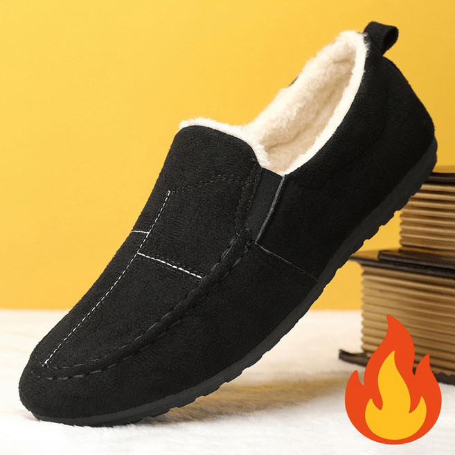 지디오 남성 기모 털 단화 가죽 플랫슈즈 1.5CM 낮은굽 무광 가죽 밴딩 컴포트 방한화 털신 겨울 남자 신발