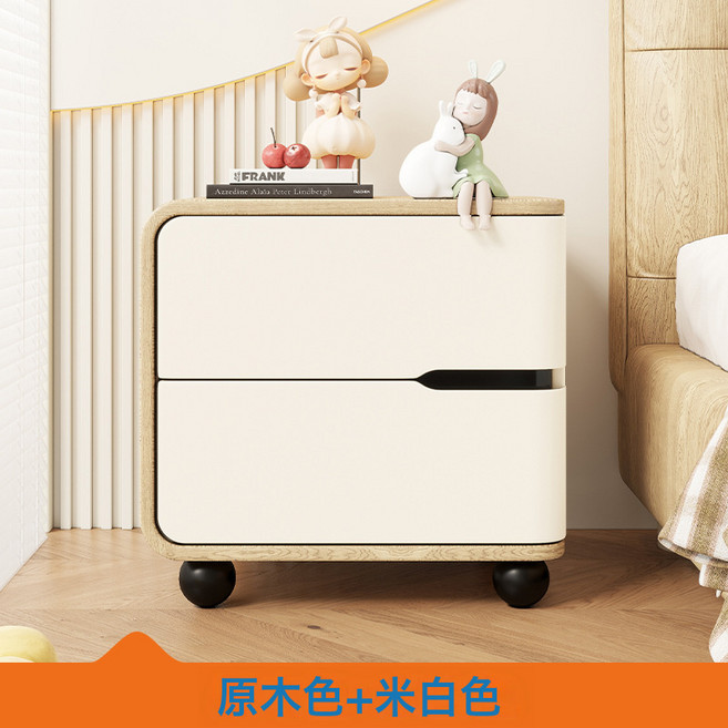 奶油風實木床頭櫃 輕奢設計感收納款, Y4實木+貓抓皮原木色+米白色 左邊