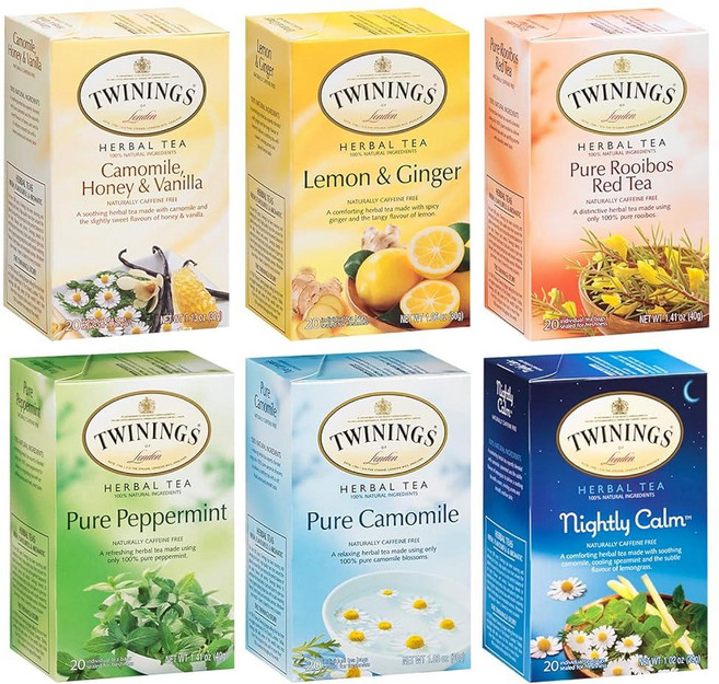 Twinings 허브 티백 버라이어티 6팩 - 천연 카페인 프리 차 페퍼민트 레드 루이보스 레몬 및 생강 및 카모마일 품종 각 20개, (허브 티 번들)