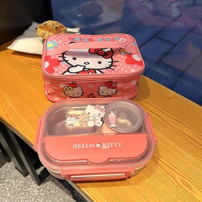 귀여운 캐릭터 스텐 보온 런치박스 도시락통+Integrated International Trade Co. Ltd 머리핀, 키티+가방 2 번, 1개