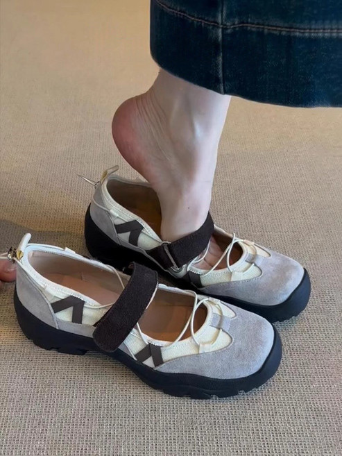 羊皮版~法式復古風魔術貼瑪麗珍鞋女新款百搭休閒芭蕾舞運動涼鞋