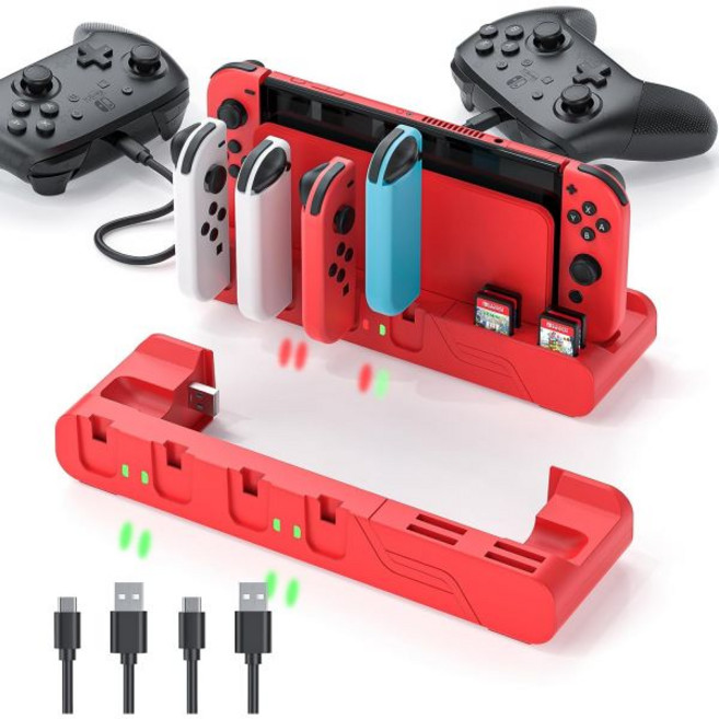 스위치 컨트롤러 충전 독 동물의 숲 OLED 모델 조이콘 최대 6개의 가능 게임 카드 저장 스탠드, Mario Red Edition, 1개, Mario Red Edition