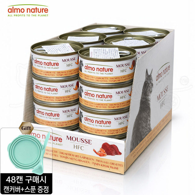 알모네이쳐 고양이 주식캔 + 습식캔커버 스푼 (48캔 구매시 증정), 70g, 24개, 무스 참치&새우